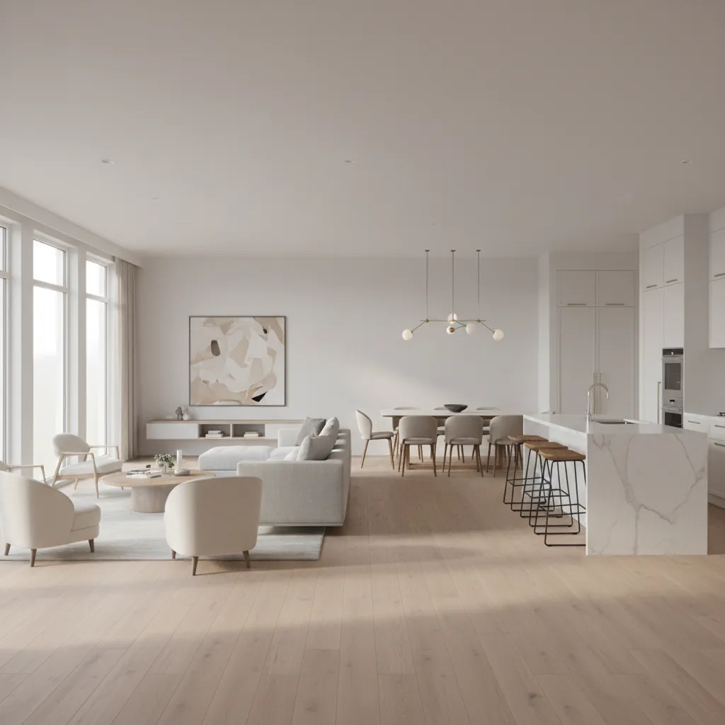 3D visualization of an open concept home layout showing kitchen dining and living area