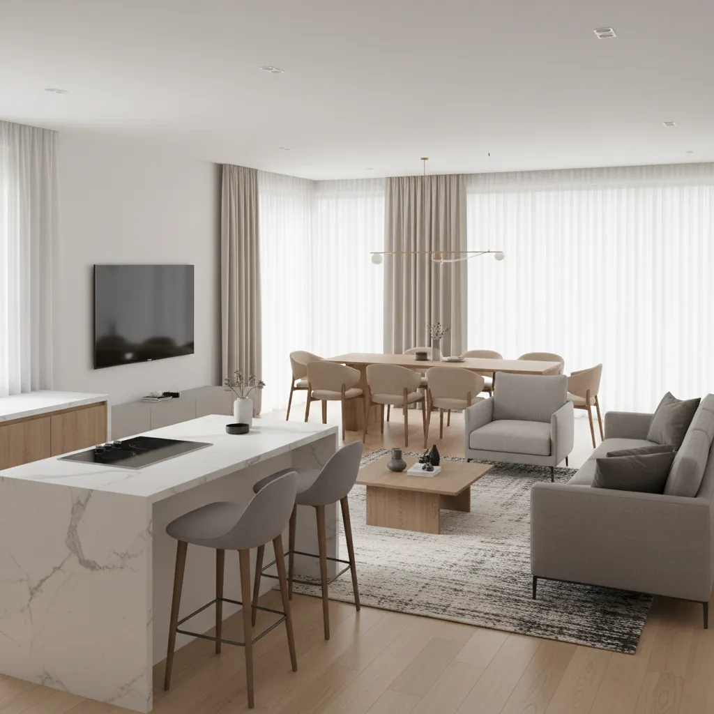 Open concept living room and kitchen showing rugs and chairs where cooking smells linger