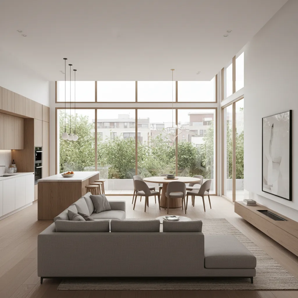 Open concept living dining space with clearly defined furniture zones