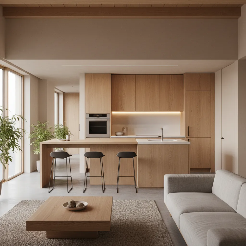 Open concept Japanese kitchen connected to dining and living area
