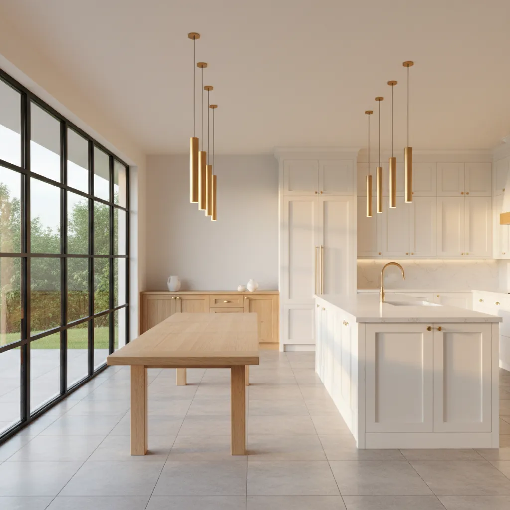 Open concept white kitchen with large rectangular dining table