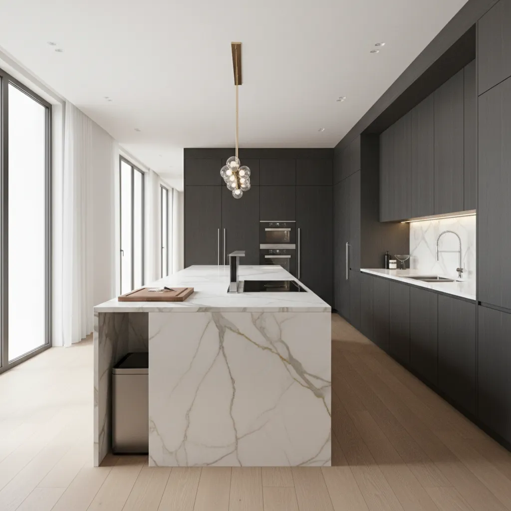 open concept kitchen layout showing island cooking prep and cleaning zones