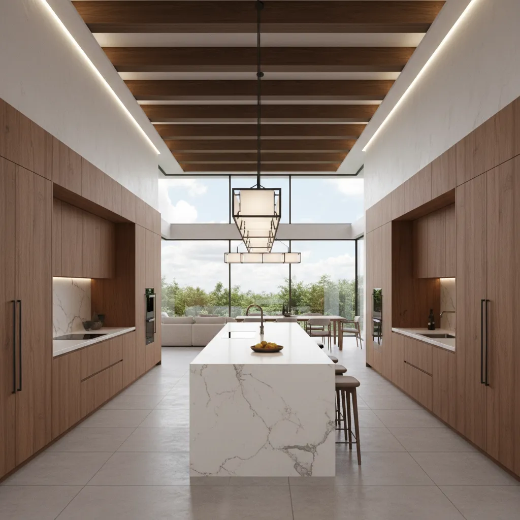 Large open concept kitchen with statement linear island lighting