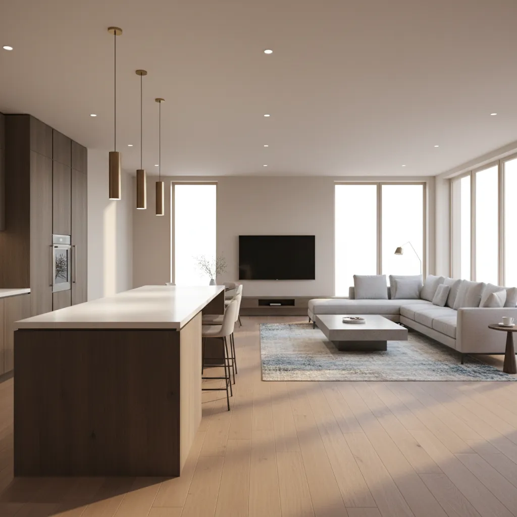 Open concept kitchen layout with island connecting to living room