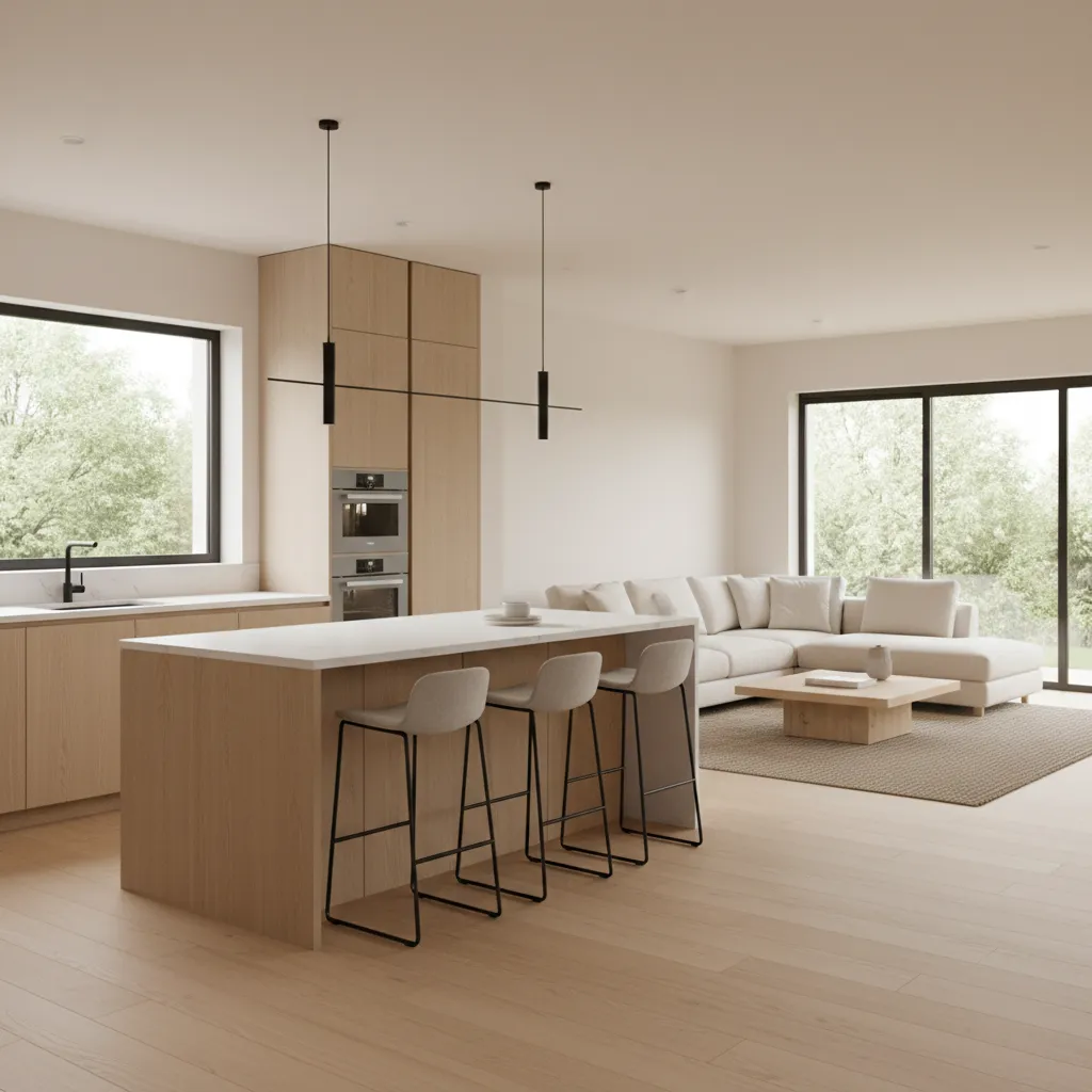 Open concept kitchen connected with living room showing seamless layout