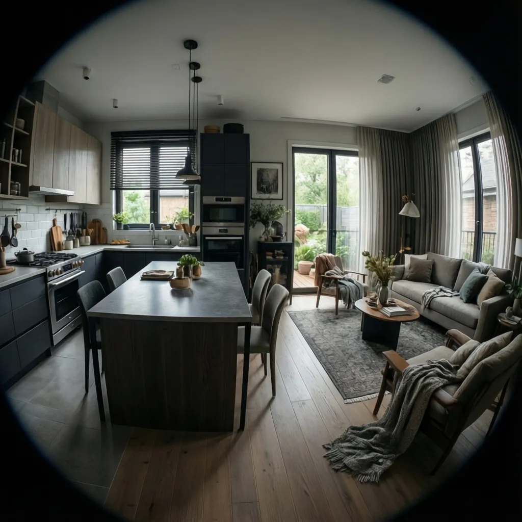 Open concept kitchen flowing into living room with subtle visual zoning
