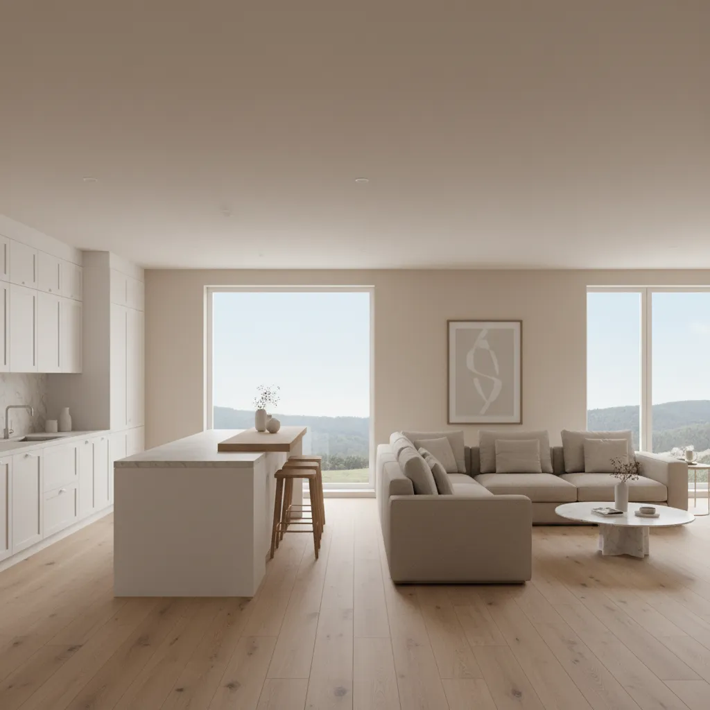 Open concept kitchen and living room with neutral palette and natural wood finishes