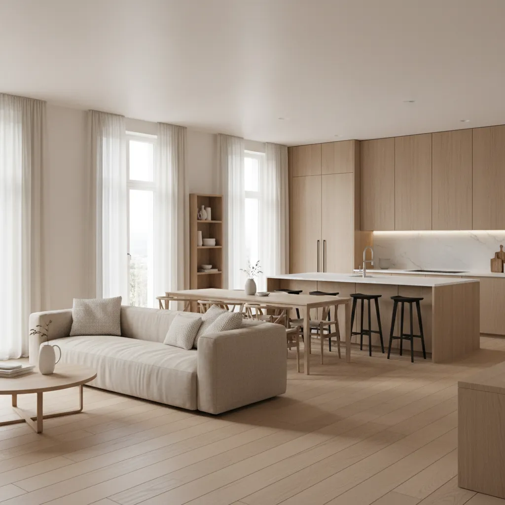 Open concept kitchen and living room with neutral color palette and wood accents