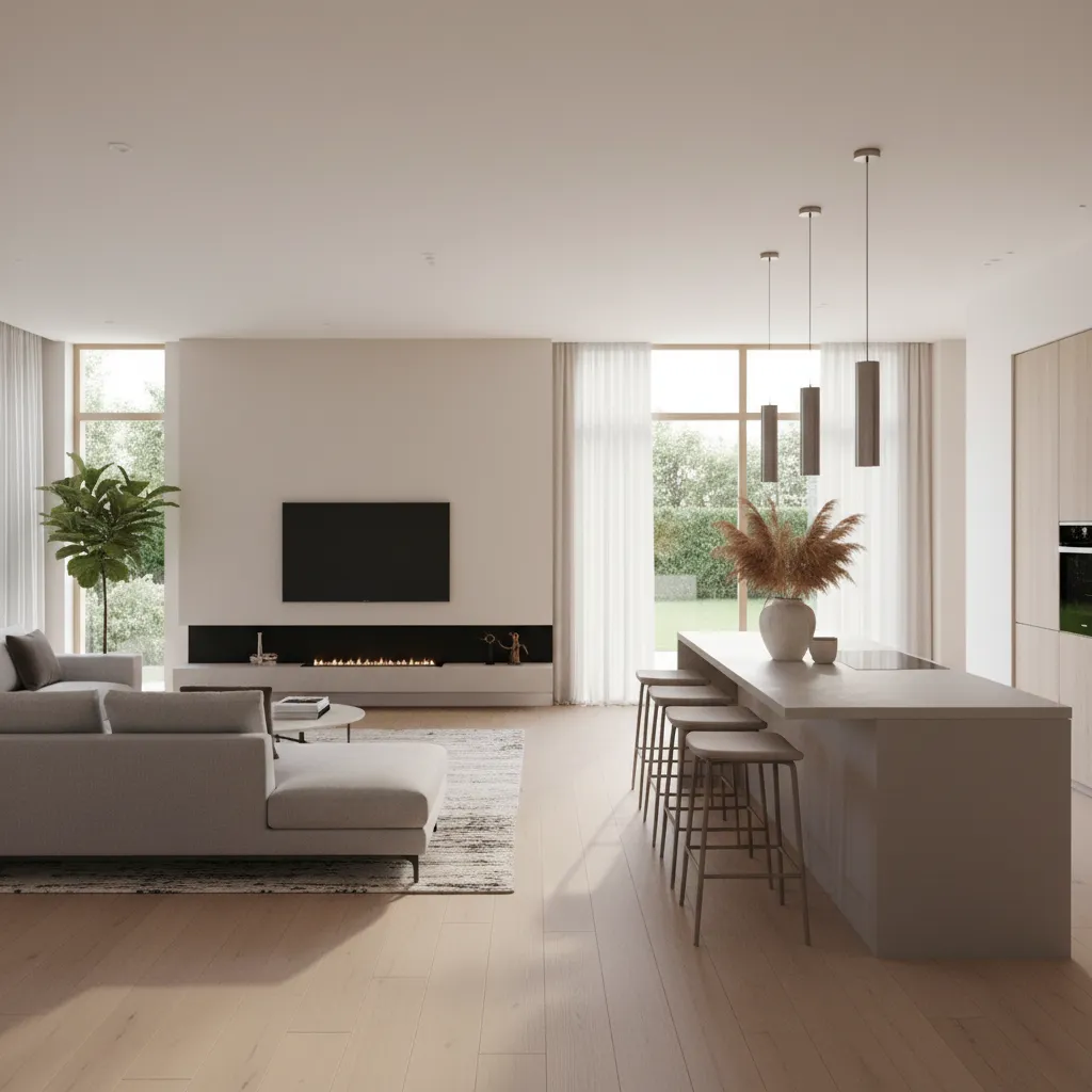 Open kitchen dining and living room layout showing connected zones