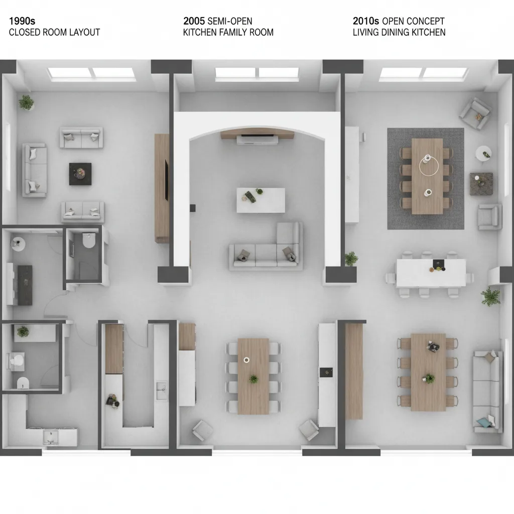 Floor layout comparison showing closed 1990s rooms partial 2005 open kitchen and fully open 2010s living space