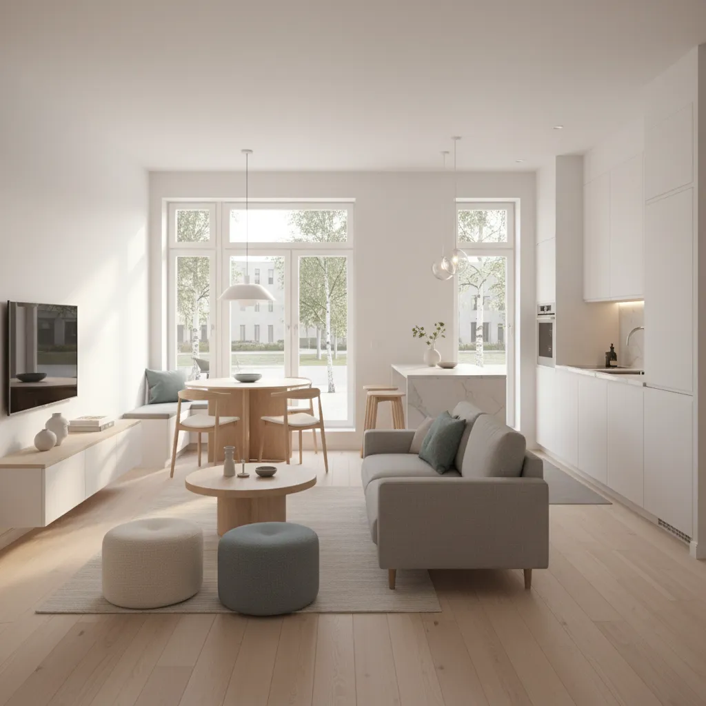 Salón y cocina abierta en casa moderna pequeña