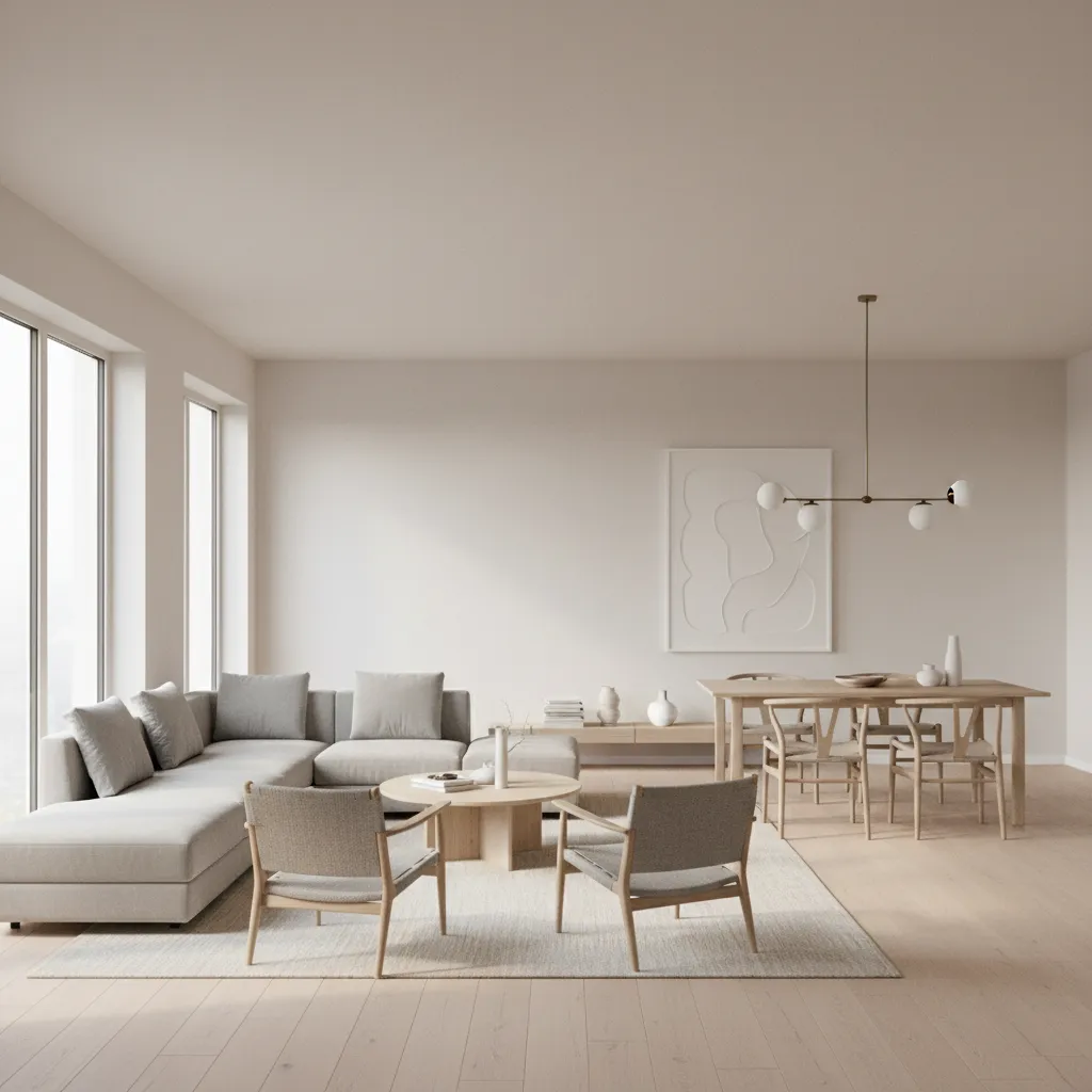 Open concept living and dining room with consistent neutral paint color palette