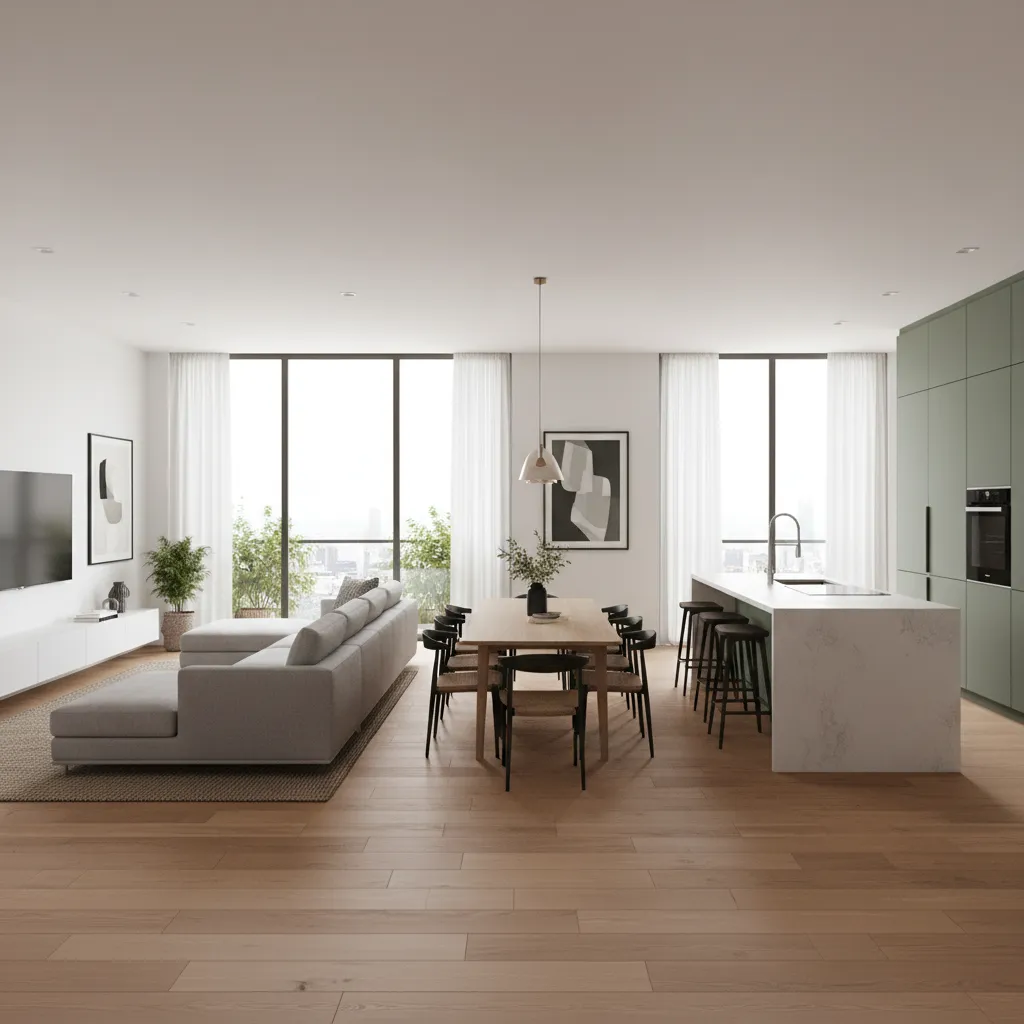 Open concept living dining kitchen layout with clearly defined zones