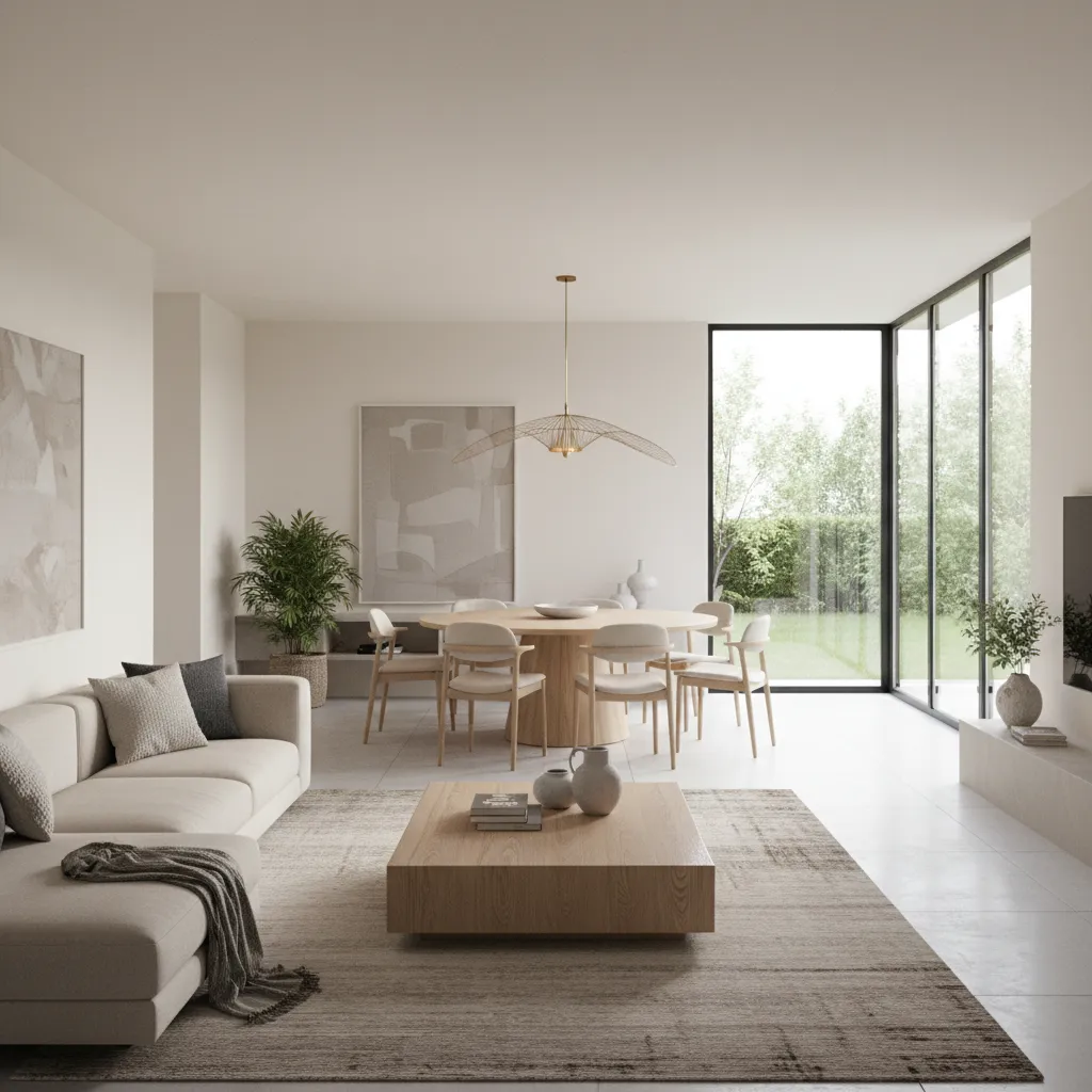 Open concept living and dining combo room layout before paint zoning