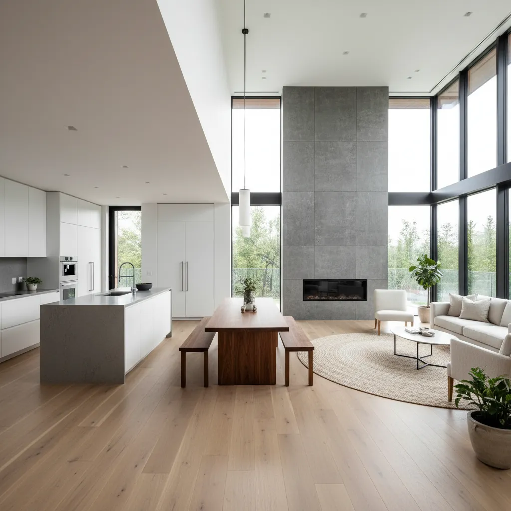 Espacio abierto de salón comedor y cocina en una casa moderna