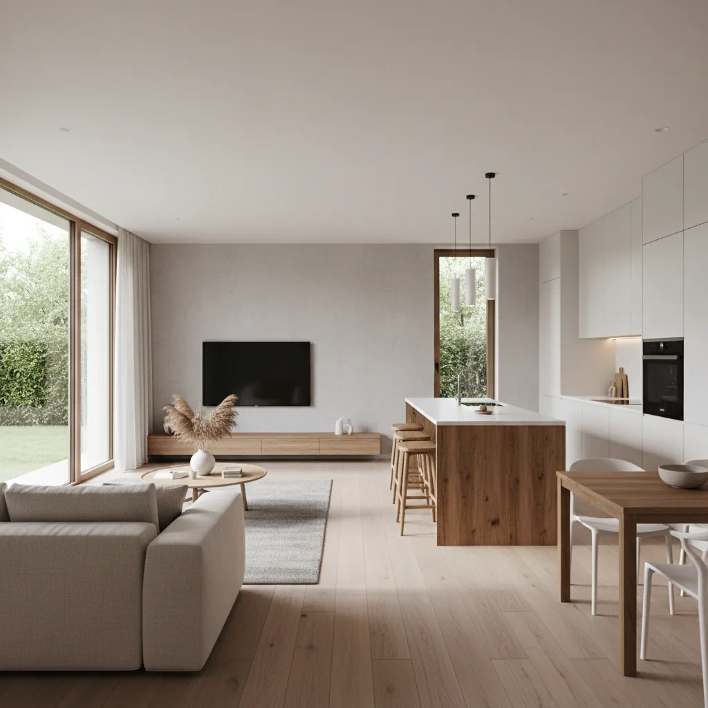 Salón moderno conectado con cocina abierta en casa pequeña