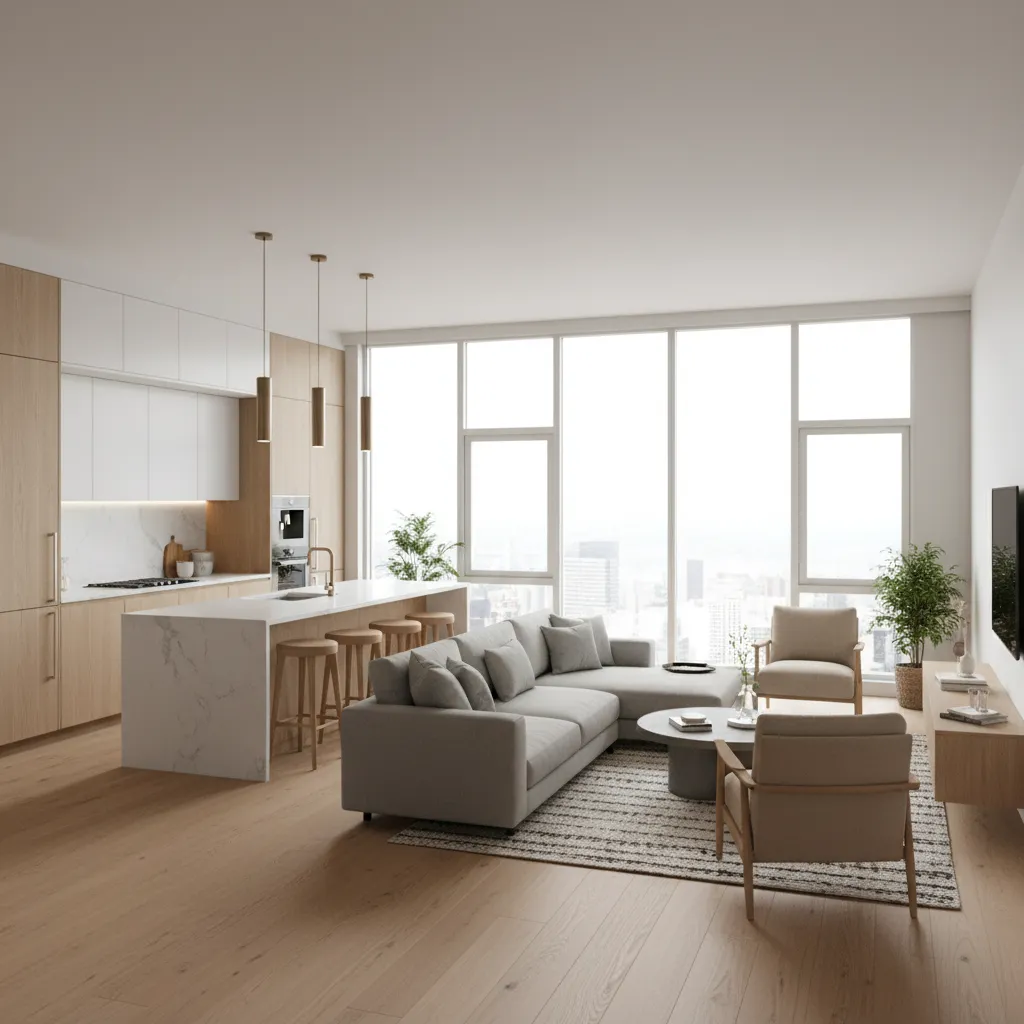 Open concept kitchen and living room created by removing interior wall