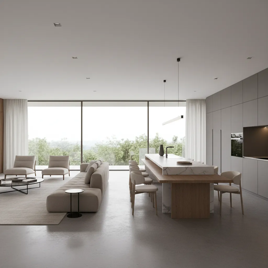 Modern open concept living room kitchen and dining area connected in one large space