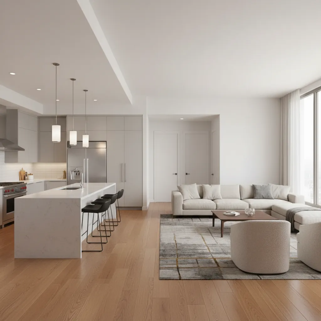 Modern open plan kitchen and living room with white island black stools and wooden floor