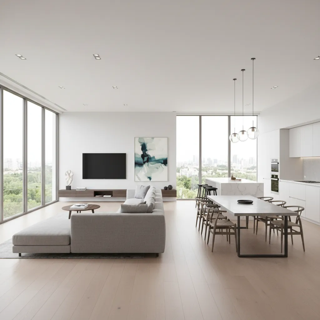 Modern open concept living room connected to kitchen and dining area
