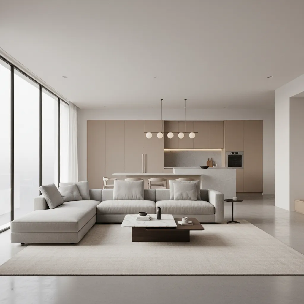 Professional open concept living room layout with sectional sofa and defined circulation paths