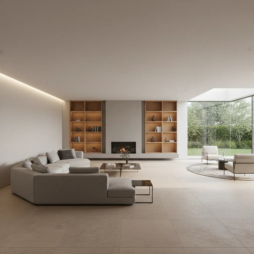 open concept living room furniture arrangement in a large rectangular space