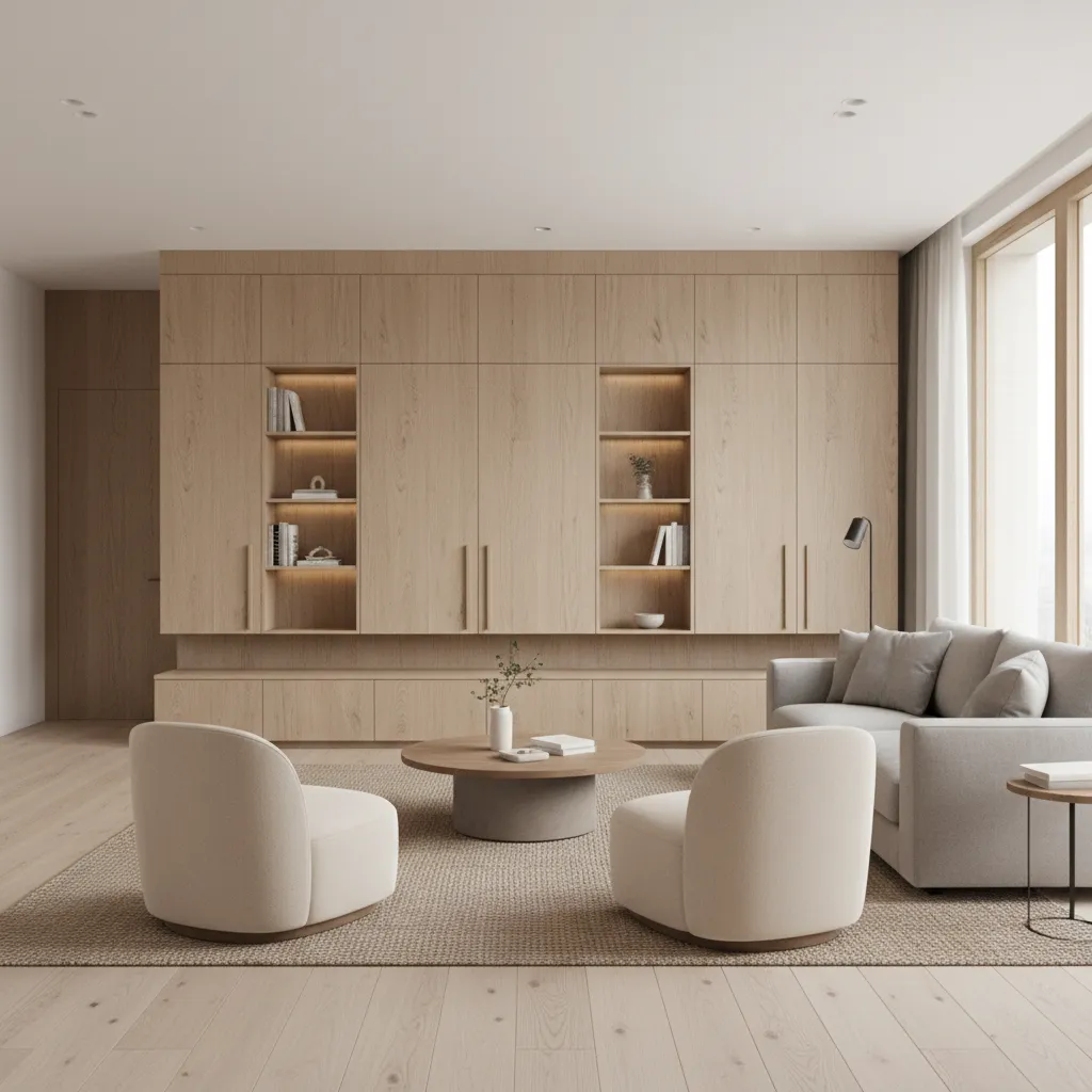 Open concept living room with built in cabinets and hidden storage reducing clutter visibility