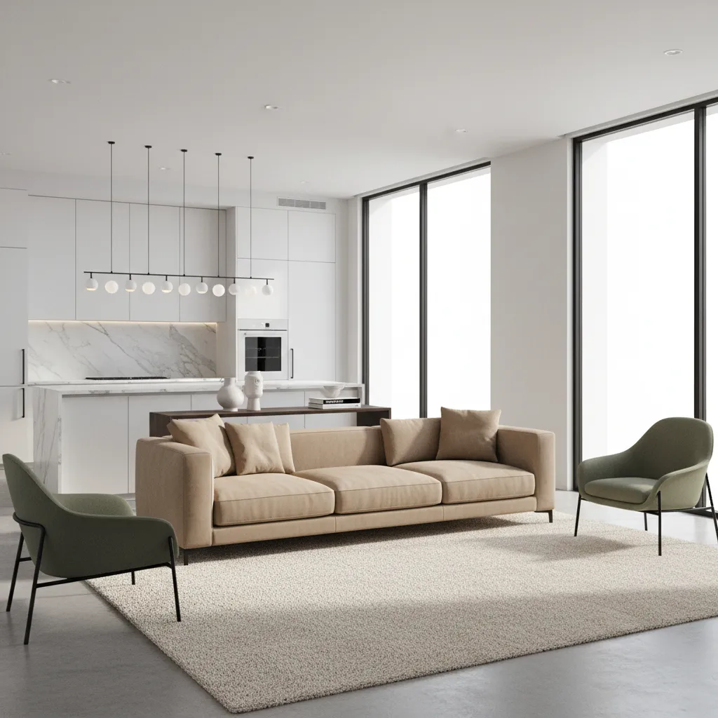 Open concept living room with floating tan sofa defining seating zone