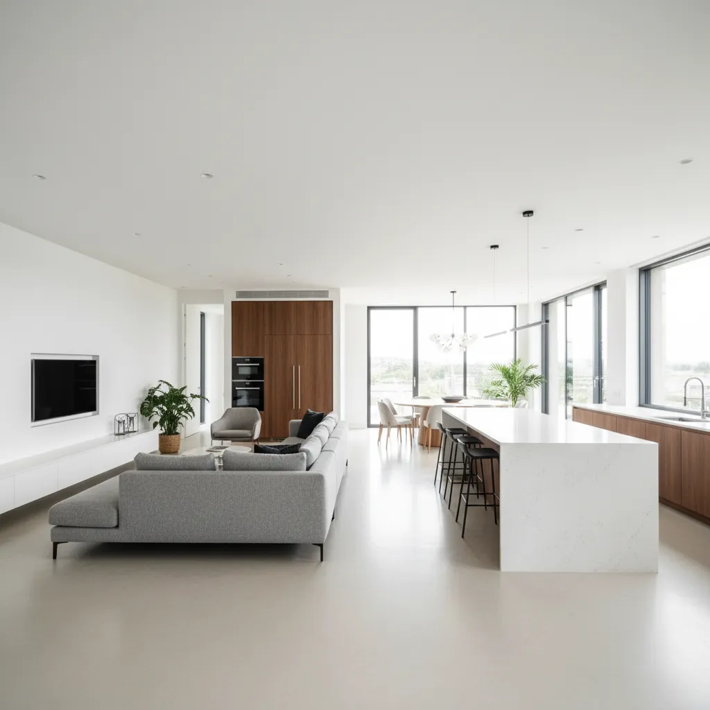 Open concept living room connected to kitchen showing expanded living space zone