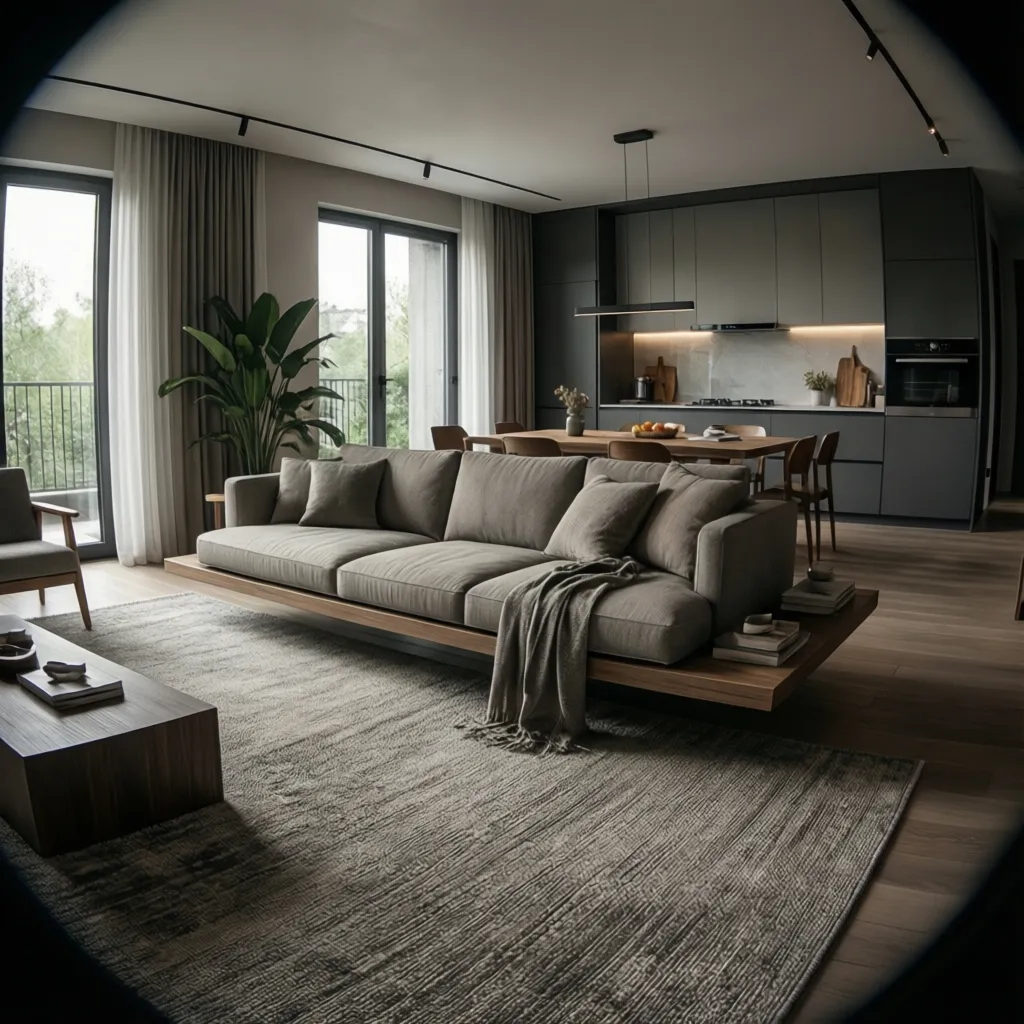 open concept living room layout with rug and floating sofa defining space
