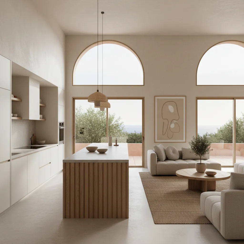 Salón abierto con cocina en una casa moderna valenciana