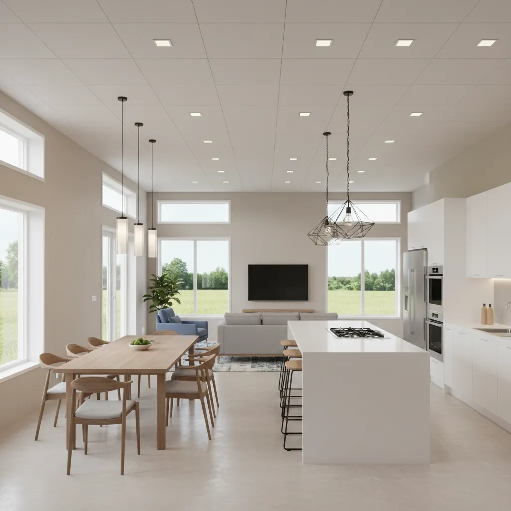 Open concept manufactured home with zoned lighting for kitchen dining and living areas