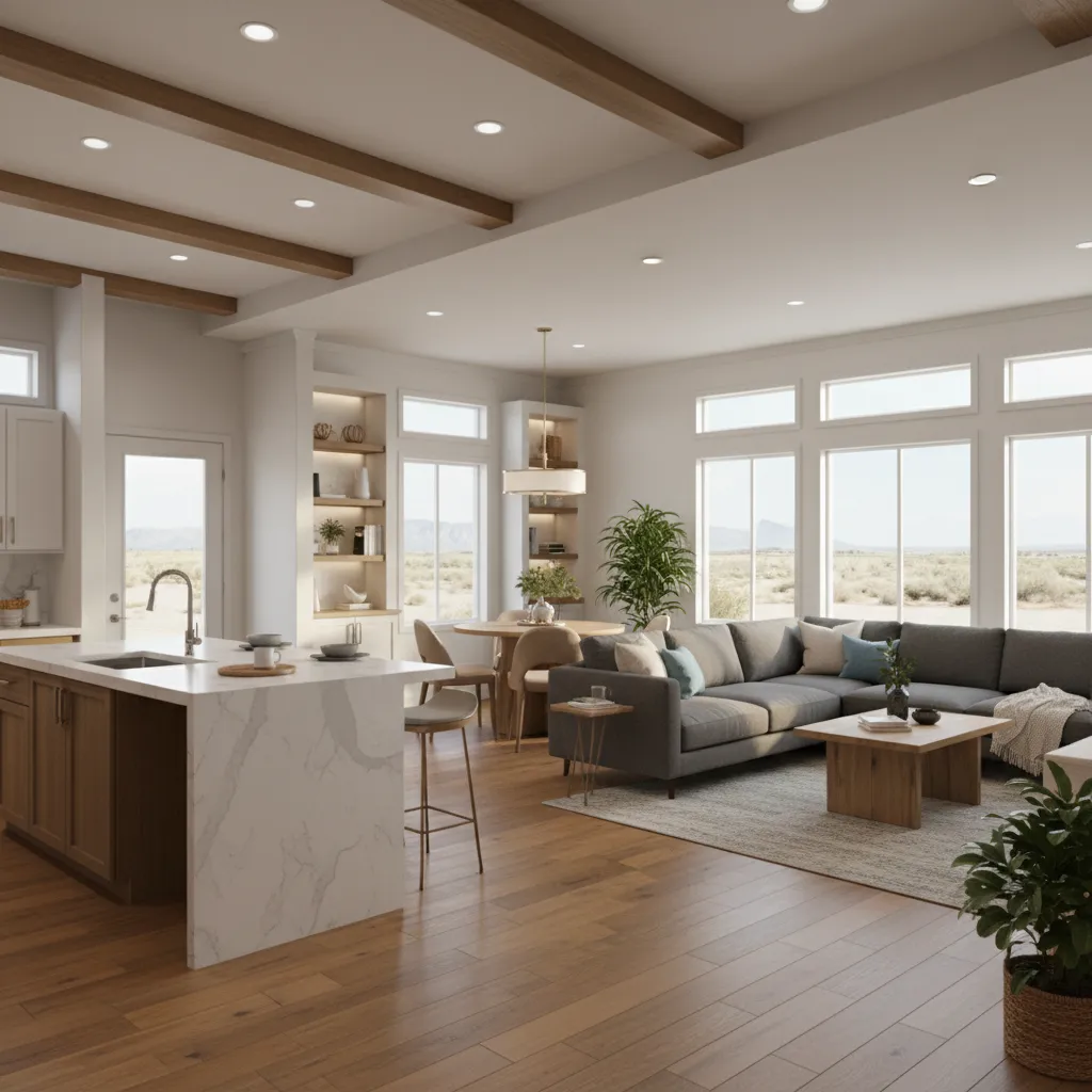 Open concept manufactured home living room kitchen and dining layout