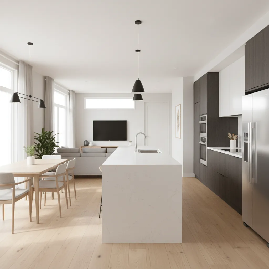 open concept manufactured home layout with kitchen island and living room