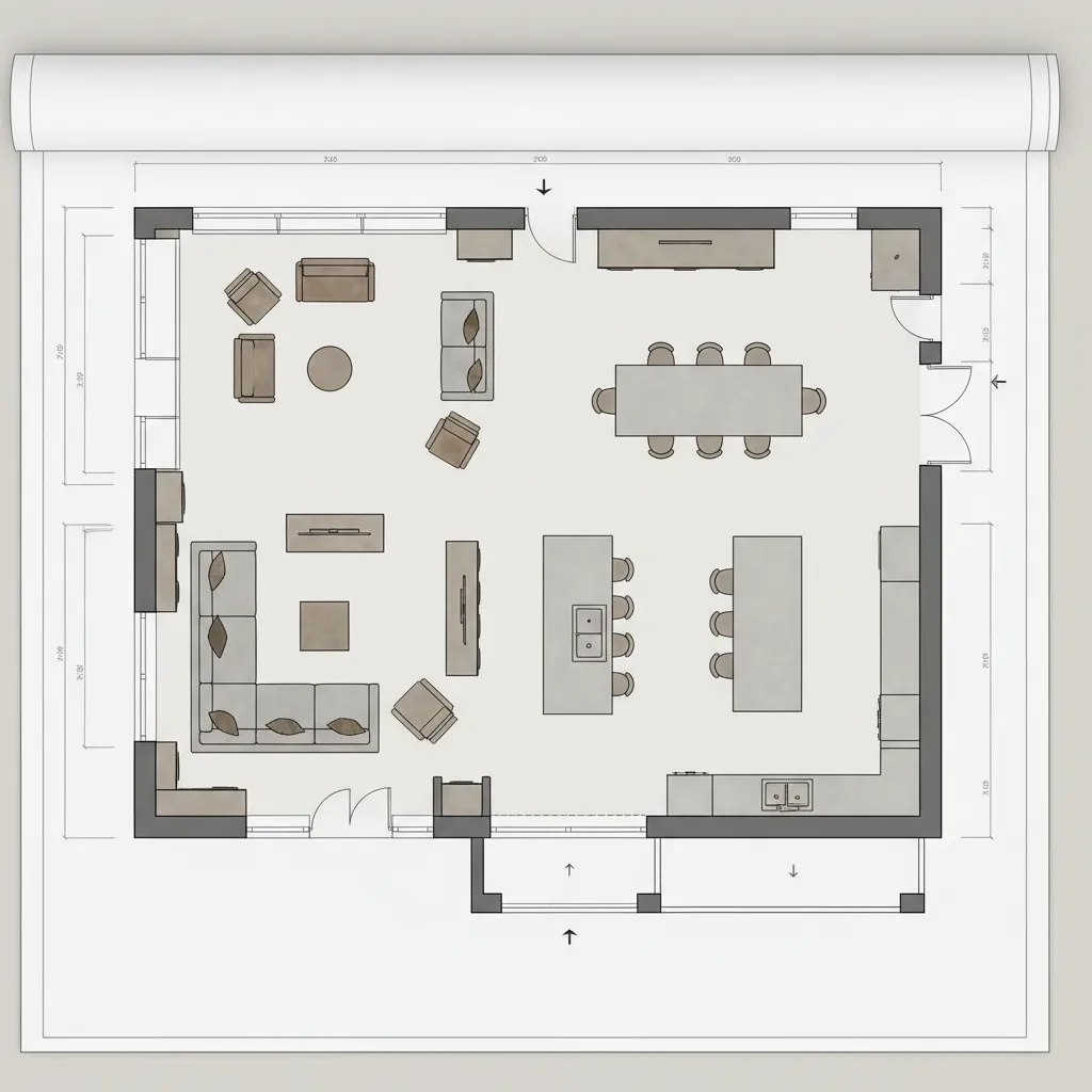 Plano moderno con salón, cocina y comedor integrados