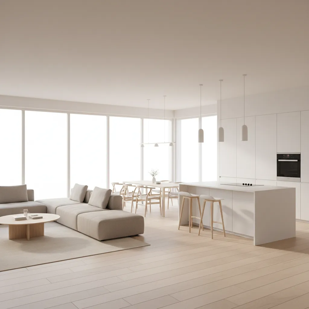 Open concept living room and kitchen with coordinated neutral paint palette