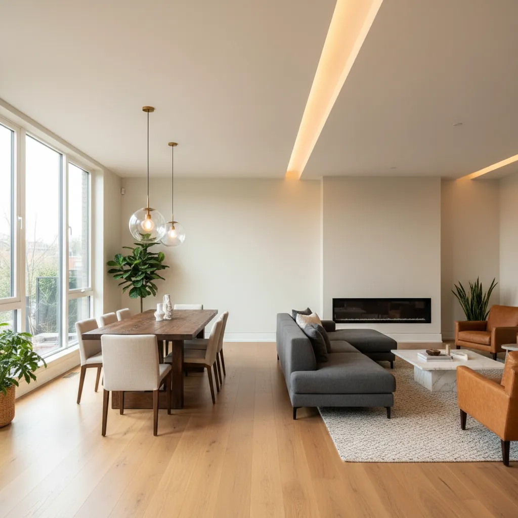 Open concept living dining room showing interaction between wall color lighting and flooring