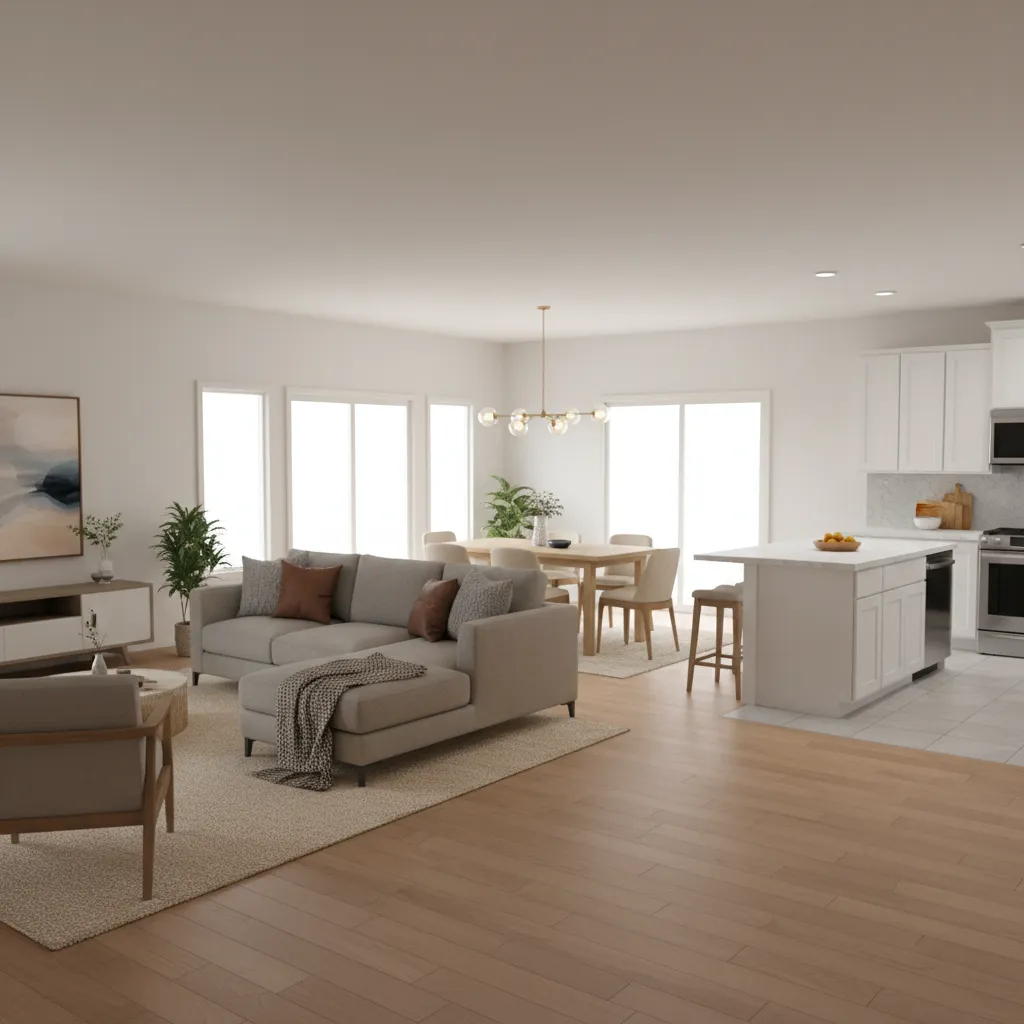 Open concept ranch living dining kitchen layout with clear zoning