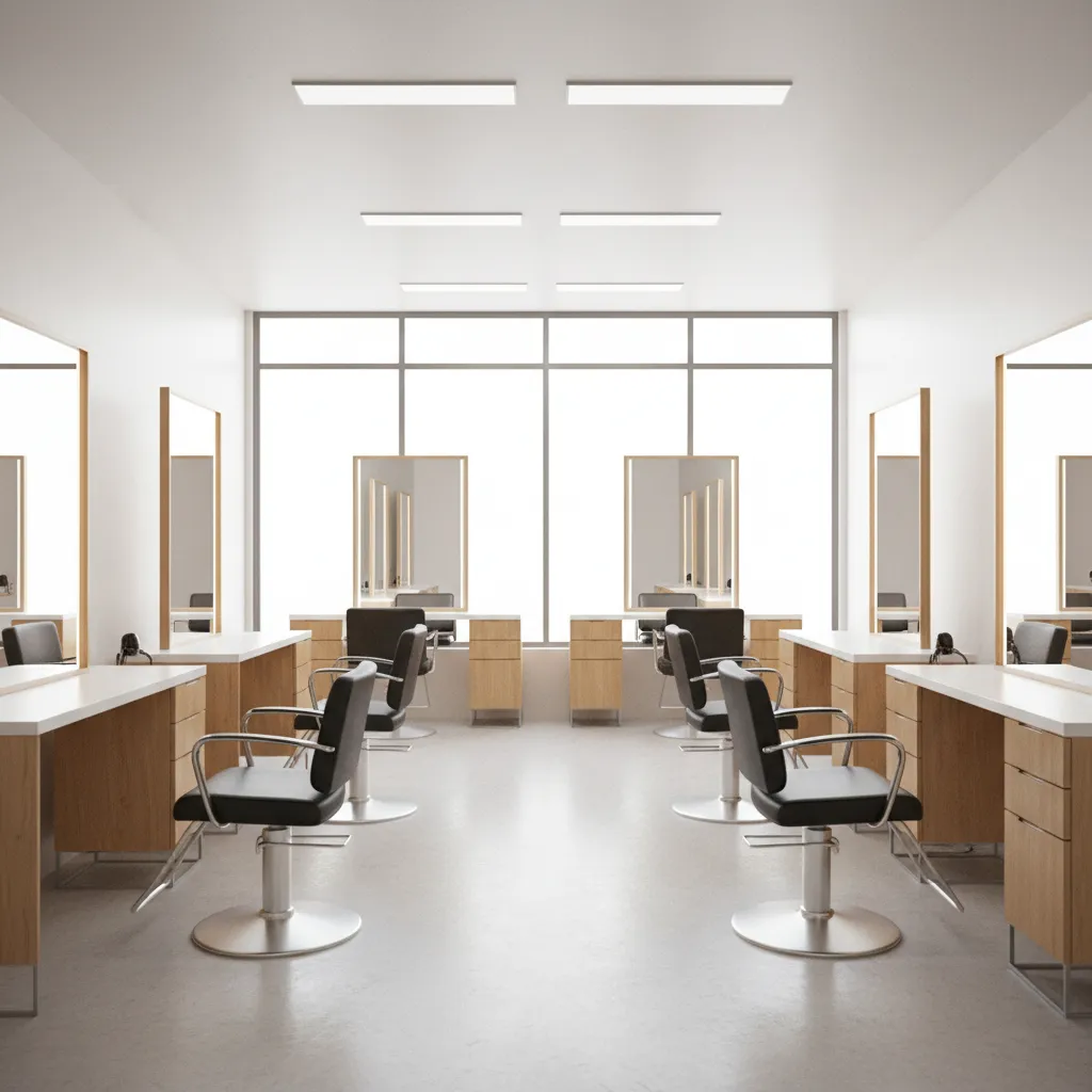 Open concept salon interior with multiple styling chairs arranged in a shared space