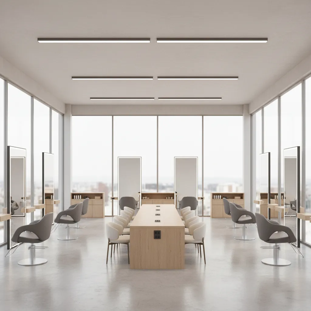 Open concept salon layout with multiple styling stations arranged in a spacious floor plan