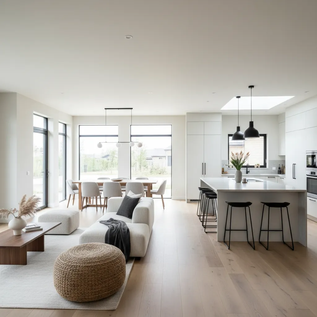 Open plan living room with white sofa dining table kitchen island and black hanging lights