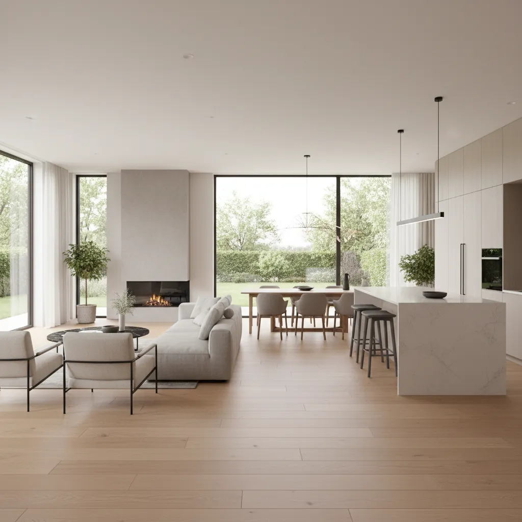 Open concept living dining and kitchen area in a modern one story home