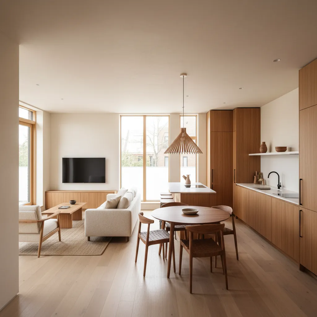 Interior de casa pequeña con salón comedor cocina abiertos