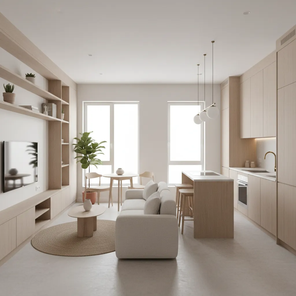 Sala y cocina integradas en una casa pequeña moderna