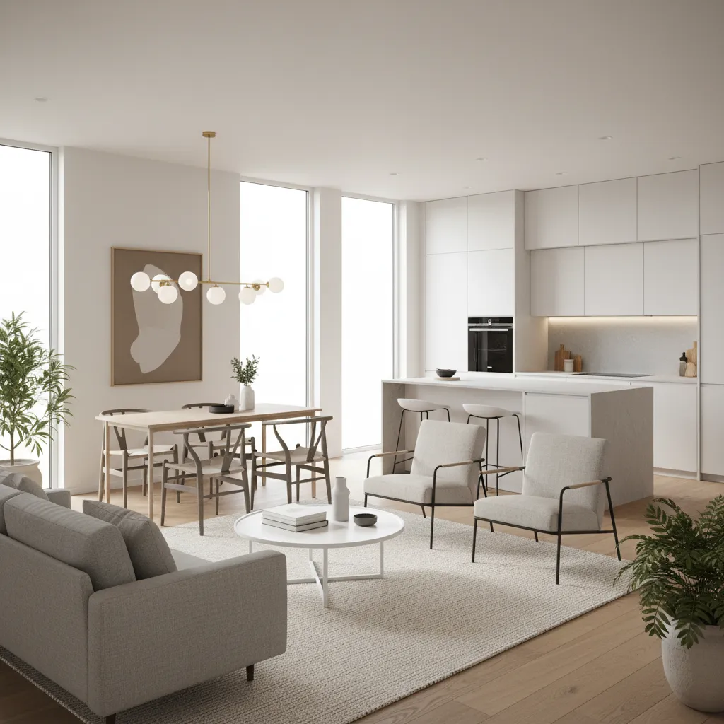Interior de casa pequeña con salón comedor y cocina abiertos