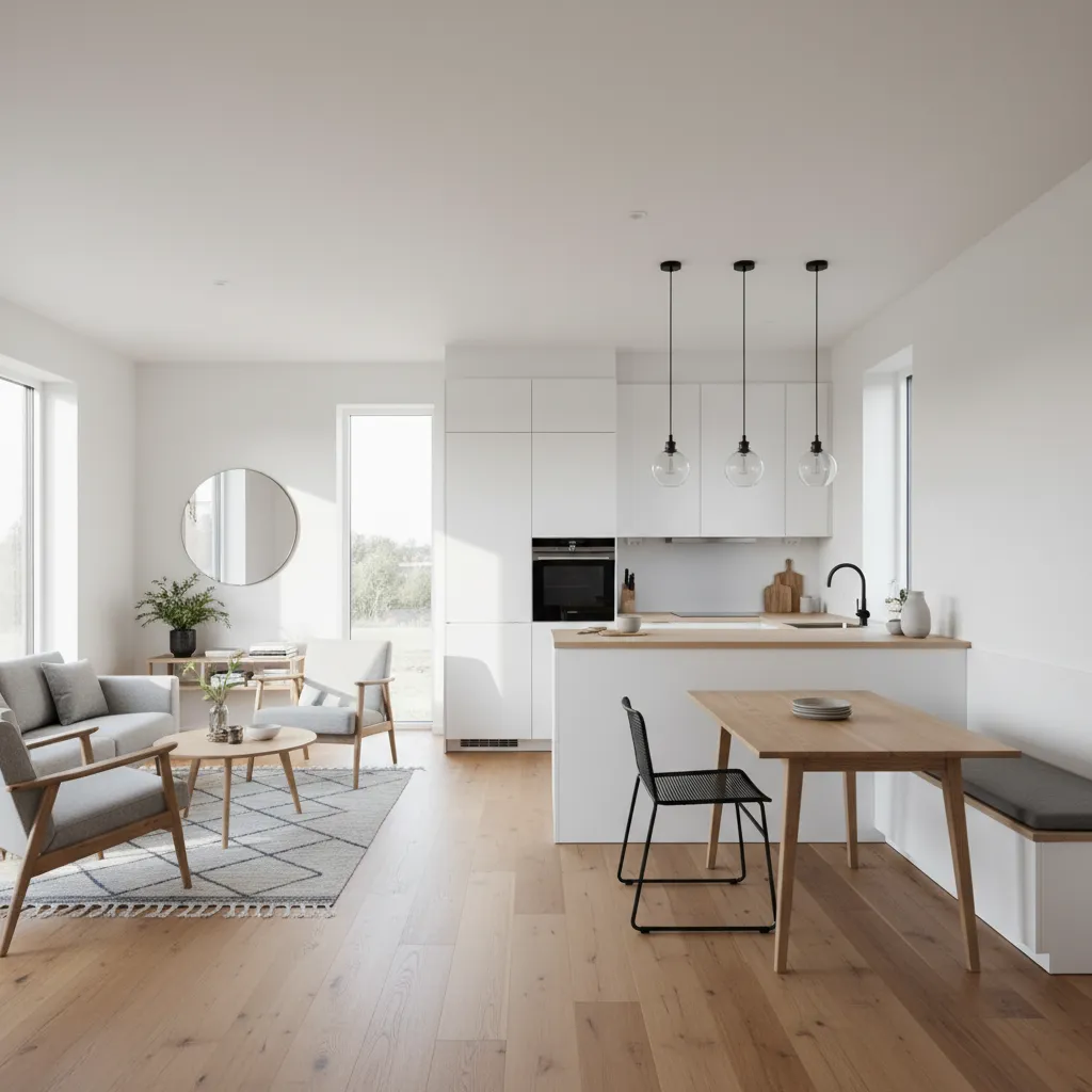 Salón y cocina abiertos en una casa pequeña moderna