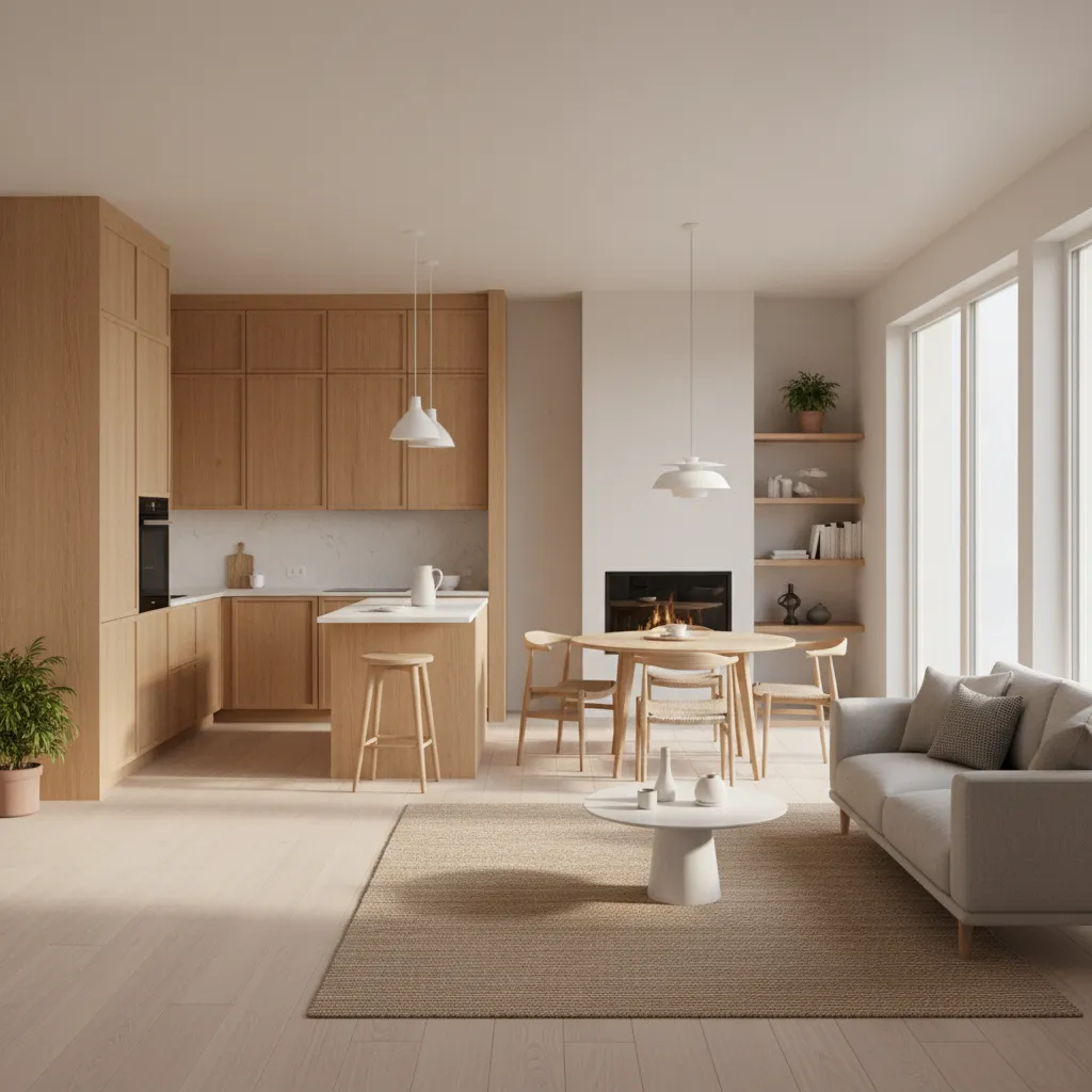 Open concept kitchen and living room layout designed for an 800 sq ft house