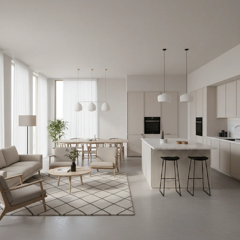 Open concept small house interior with defined living dining zones