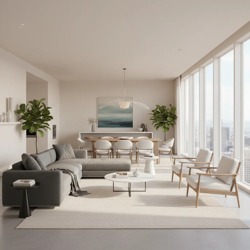 Open concept square living room area defined by rug and sofa placement