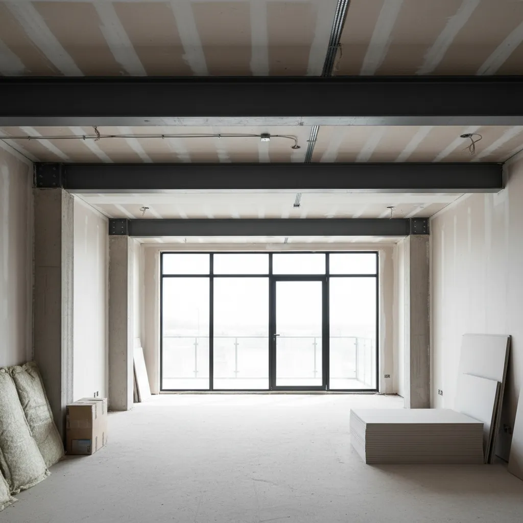 Open concept living room structure with exposed beam support
